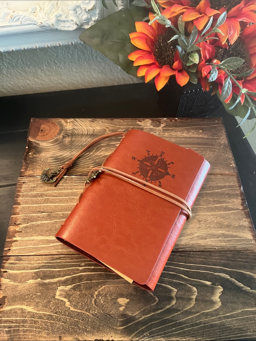 Men's Leather Travel Journal Notebook - Brown Compass Design
